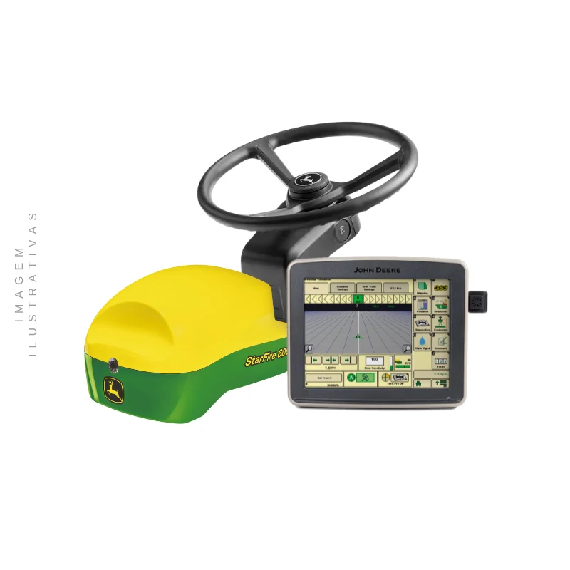 Kit Piloto John Deere Starfire 6000 SF1 com monitor GS3, antena ATU300 e chicote, instalado em um trator John Deere.