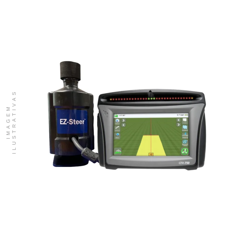 Kit Piloto Trimble Monitor FM750 Piloto EZ Steer instalado em um trator moderno, mostrando a interface do monitor.
