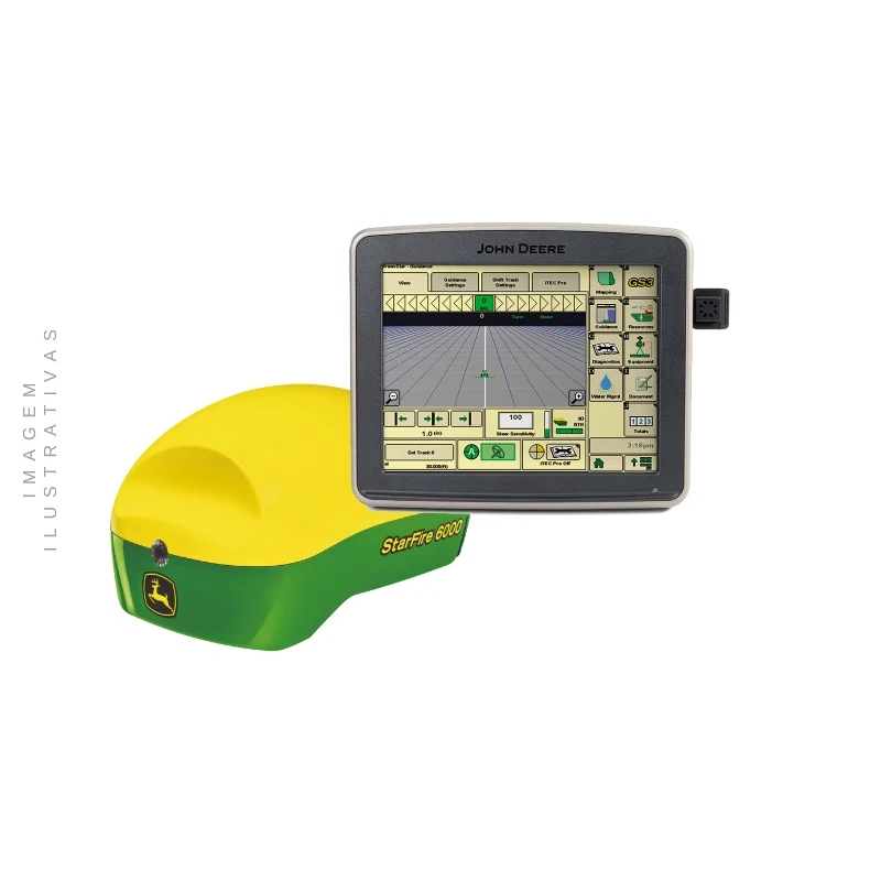 Monitor John Deere GS3 com antena SF6000 instalado em trator John Deere, em operação em campo de soja. Agricultura de precisão.