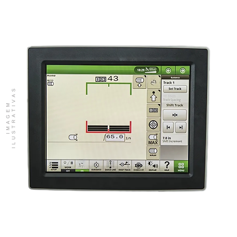Monitor agrícola John Deere GS4 4240 instalado na cabine de um trator moderno em operação.