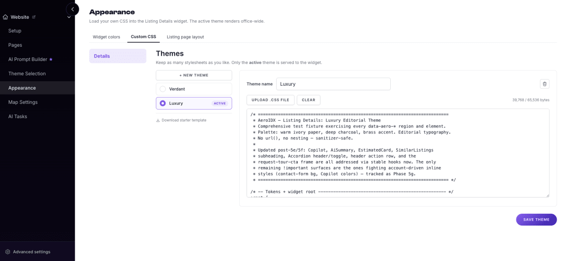 AeroIDX Appearance settings showing the Custom CSS tab with multiple saved themes (Verdant, Luxury active) and a CSS editor for the Listing Details