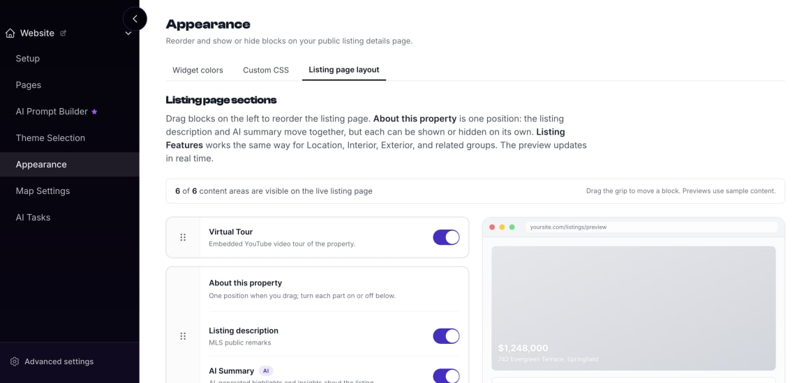 Appearance settings on the Listing page layout tab showing draggable blocks (Virtual Tour, About this property with Listing description and AI Summary) and a live preview of the public listing details page