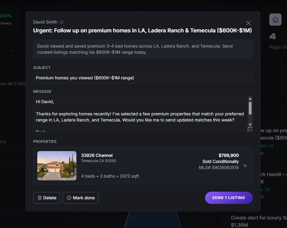 Next Steps task modal for an email follow-up, showing the subject, message, selected property, and Delete, Mark done, and Send Listing action buttons all visible at once