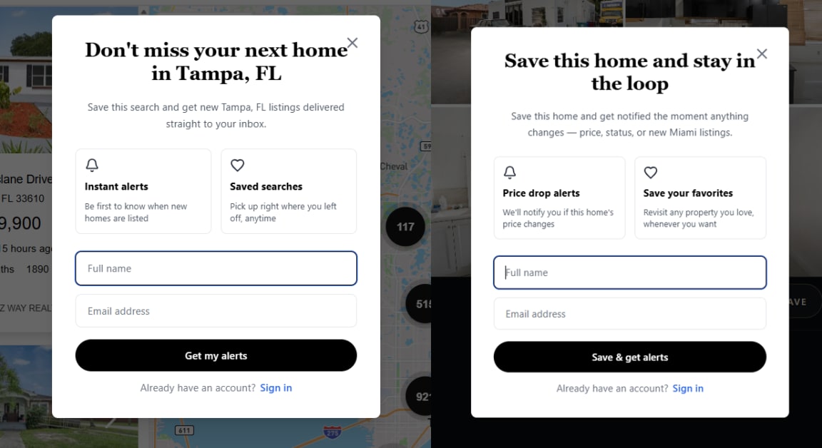 Two AeroIDX personalized sign-up modals side by side. One is for saving a search, with copy tailored to the city; the other is for saving a home, with price and status alerts. Each has a short name and email form