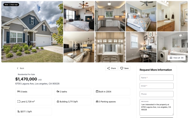 Classic listing detail page. A photo mosaic runs across the top, one large exterior shot beside nine thumbnails. Under it are the price, the address, a grid of fact tiles for beds, baths, year built and size, and a Request More Information form down the right side.