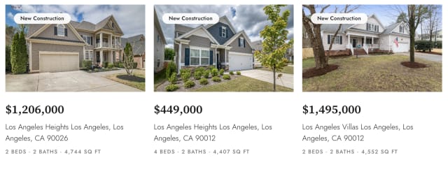 Three Premium property cards side by side. Each is a photo with rounded corners and a New Construction pill. The text under it is left aligned: the price in large bold type, then the community and city, then beds, baths and square feet in small uppercase grey.