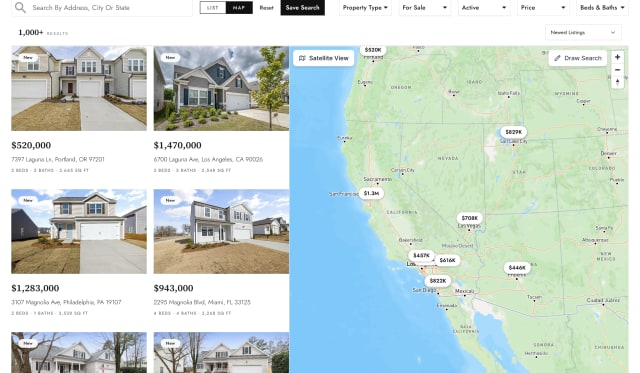 Premium search map. A filter bar with a list and map toggle runs across the top. On the left, listing entries fill two columns with no borders around them, the price larger than anything else and beds, baths and square feet in small uppercase below it. A live map with white price pins fills the right.