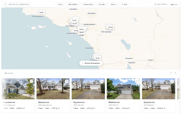 Prestige search map. Pill shaped filters run across the top. Below them a cream toned map spans the full width of the page, carrying white price pins and a Browse all properties button. A horizontal carousel of listing cards scrolls underneath.