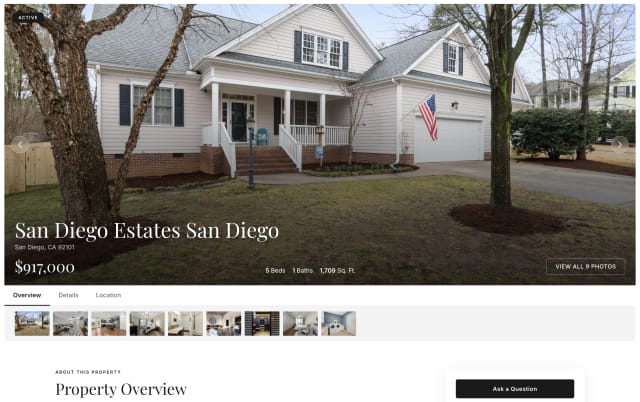 Prestige listing detail page. A large inset hero photo carries an Active chip, and the community name is set in a serif across the bottom of the image with the city and the price. Below the photo sit Overview, Details and Location tabs, a filmstrip of nine thumbnails, and a serif Property Overview heading.