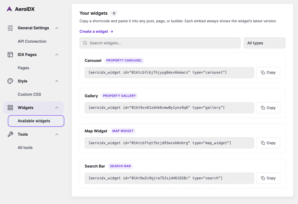 AeroIDX WordPress IDX plugin: Available Widgets screen showing shortcodes for Gallery, Carousel, Map, and Search Bar MLS widgets