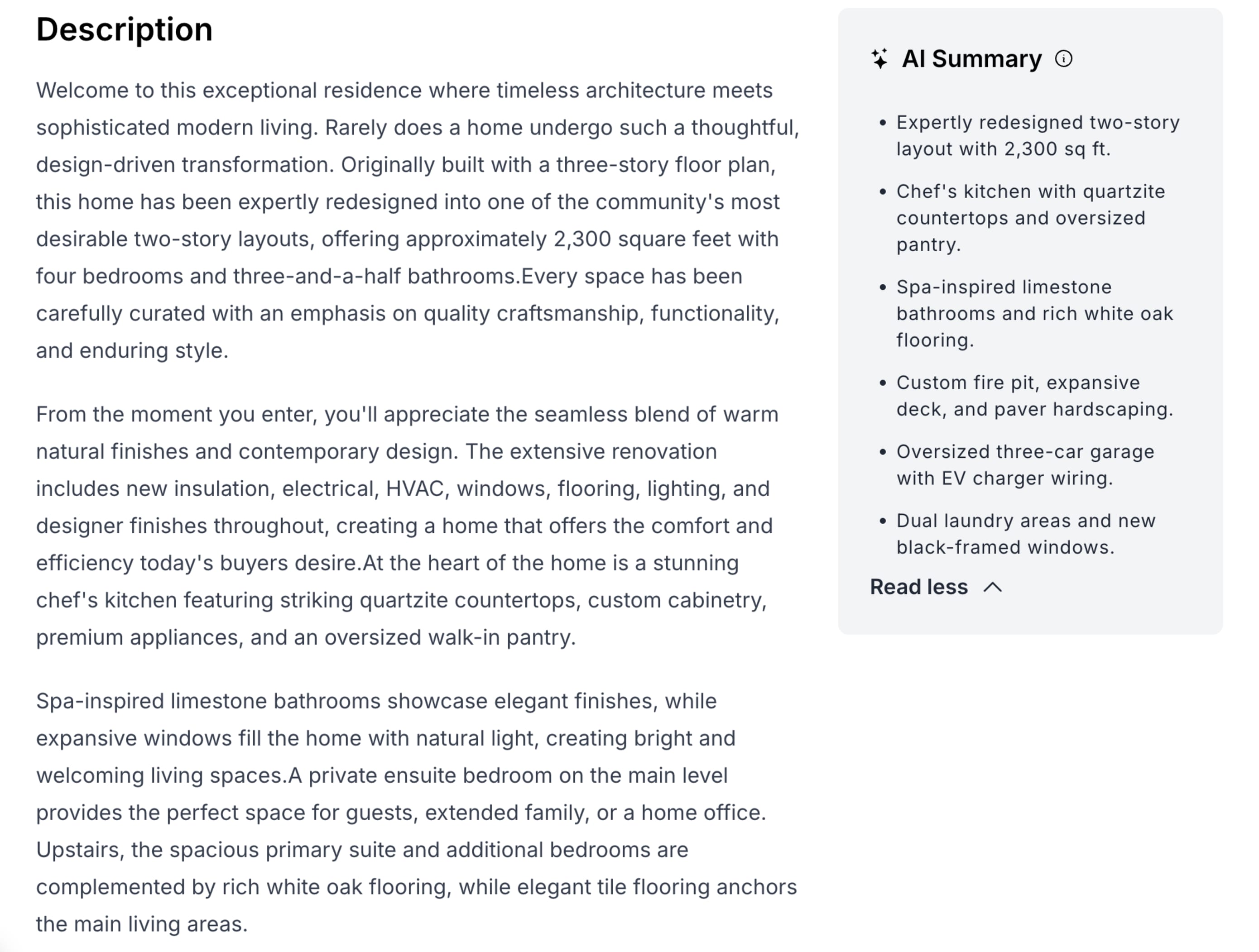 A property listing Description shown as several clean, well-spaced paragraphs beside the AI Summary panel