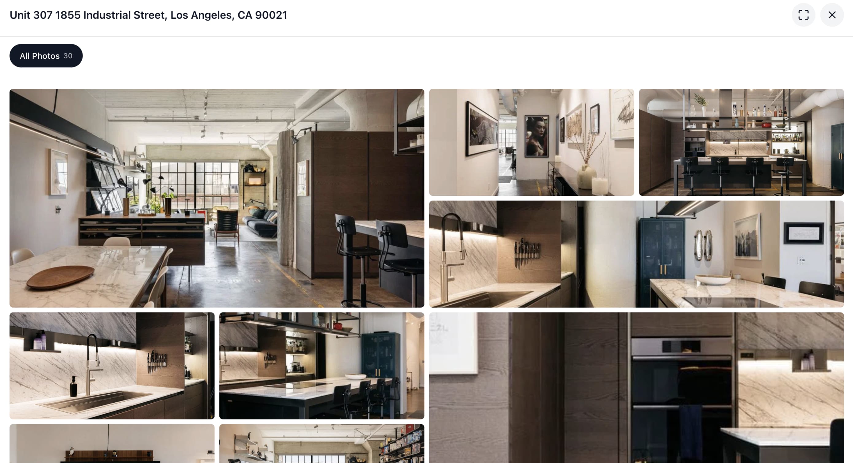 A full-screen Mosaic gallery for a listing, showing an All Photos view with 30 property images arranged in a tiled grid