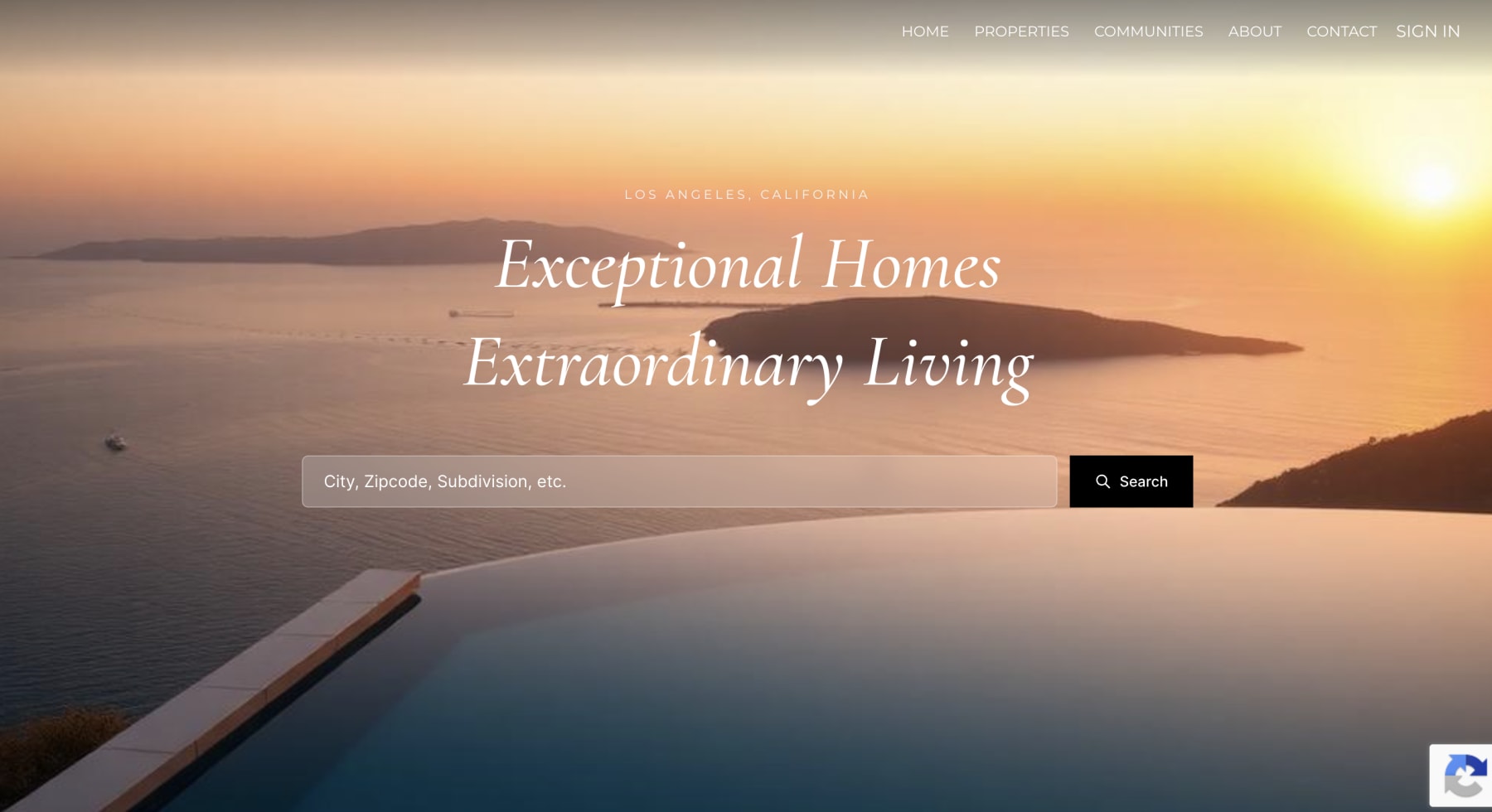 Premium theme homepage: a warm sunset photo of a coastline behind the serif headline Exceptional Homes, Extraordinary Living with a property search bar below it