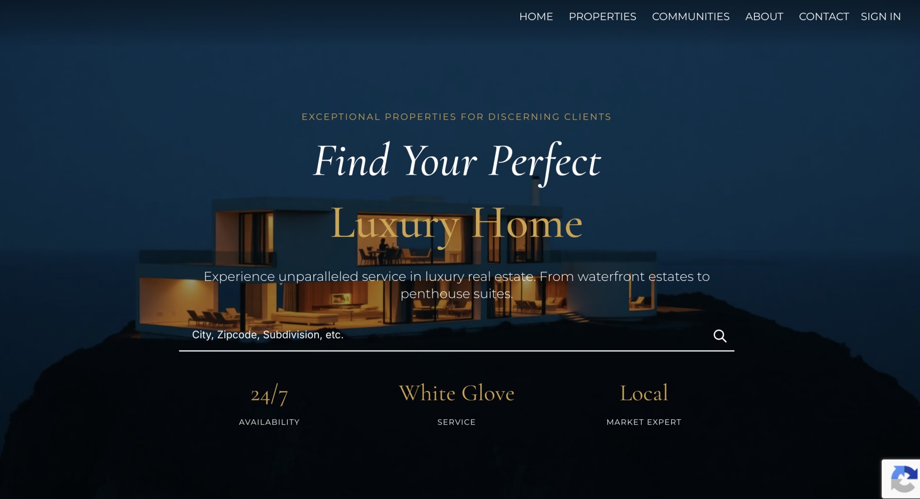 Luxury theme homepage: a dark navy hero over a lit modern house at dusk, with the gold serif headline Find Your Perfect Luxury Home and a search bar below