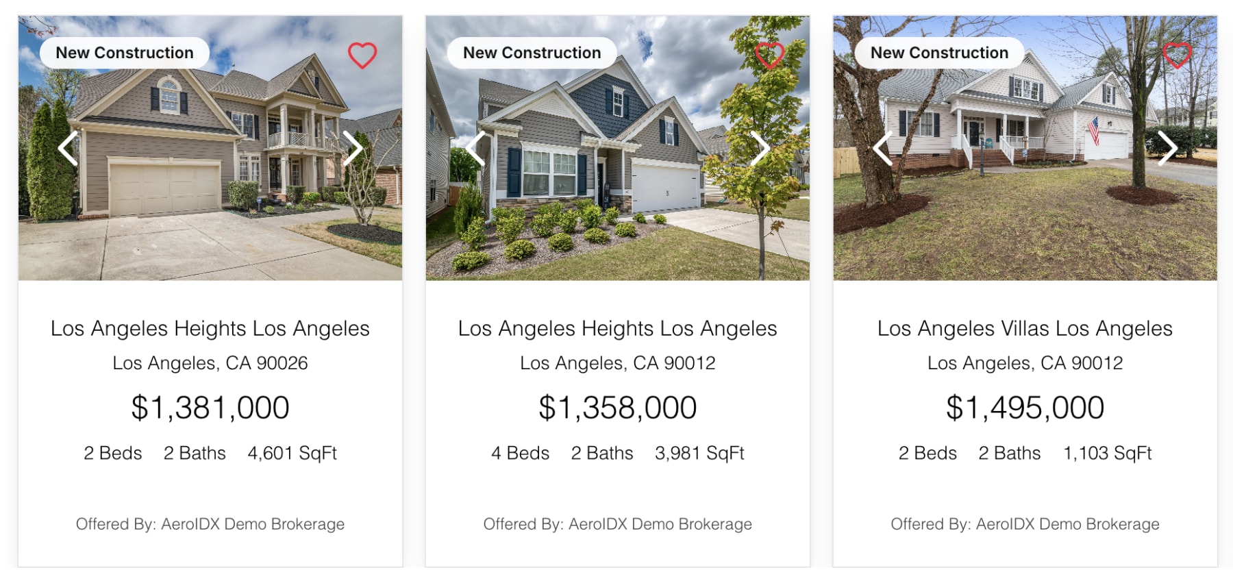 Three Classic property cards side by side. Each has a wide photo with a New Construction pill and a favourite heart. The text underneath is centred: community, city, price, then beds, baths and square feet on one line.