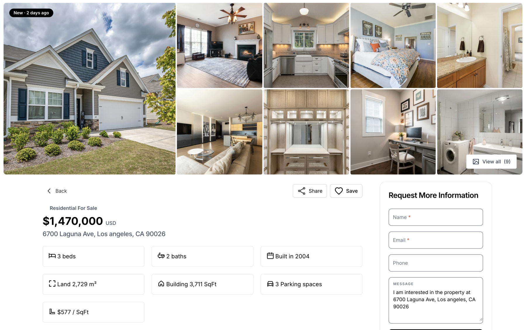 Classic listing detail page. A photo mosaic runs across the top, one large exterior shot beside nine thumbnails. Under it are the price, the address, a grid of fact tiles for beds, baths, year built and size, and a Request More Information form down the right side.