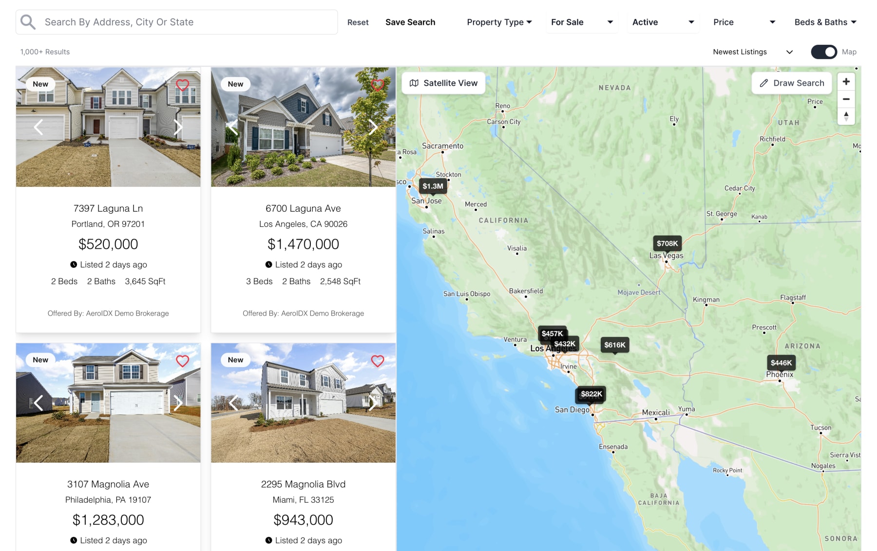 Classic search map. A filter bar for search, property type, status and price runs across the top. Listing cards fill two columns on the left, and a live map with price pins sits on the right, with controls for satellite view and for drawing your own search area.