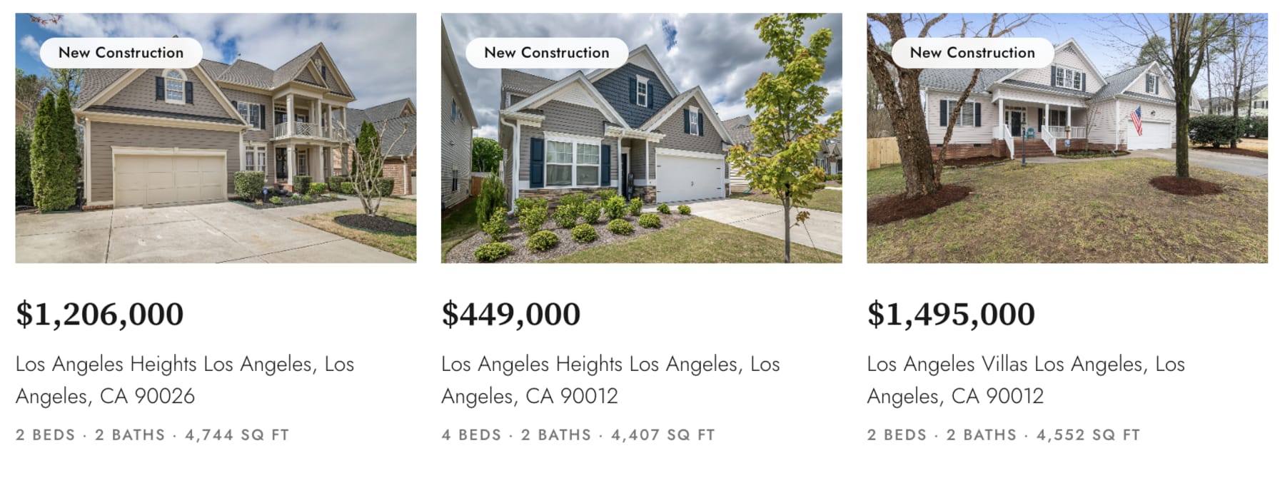 Three Premium property cards side by side. Each is a photo with rounded corners and a New Construction pill. The text under it is left aligned: the price in large bold type, then the community and city, then beds, baths and square feet in small uppercase grey.
