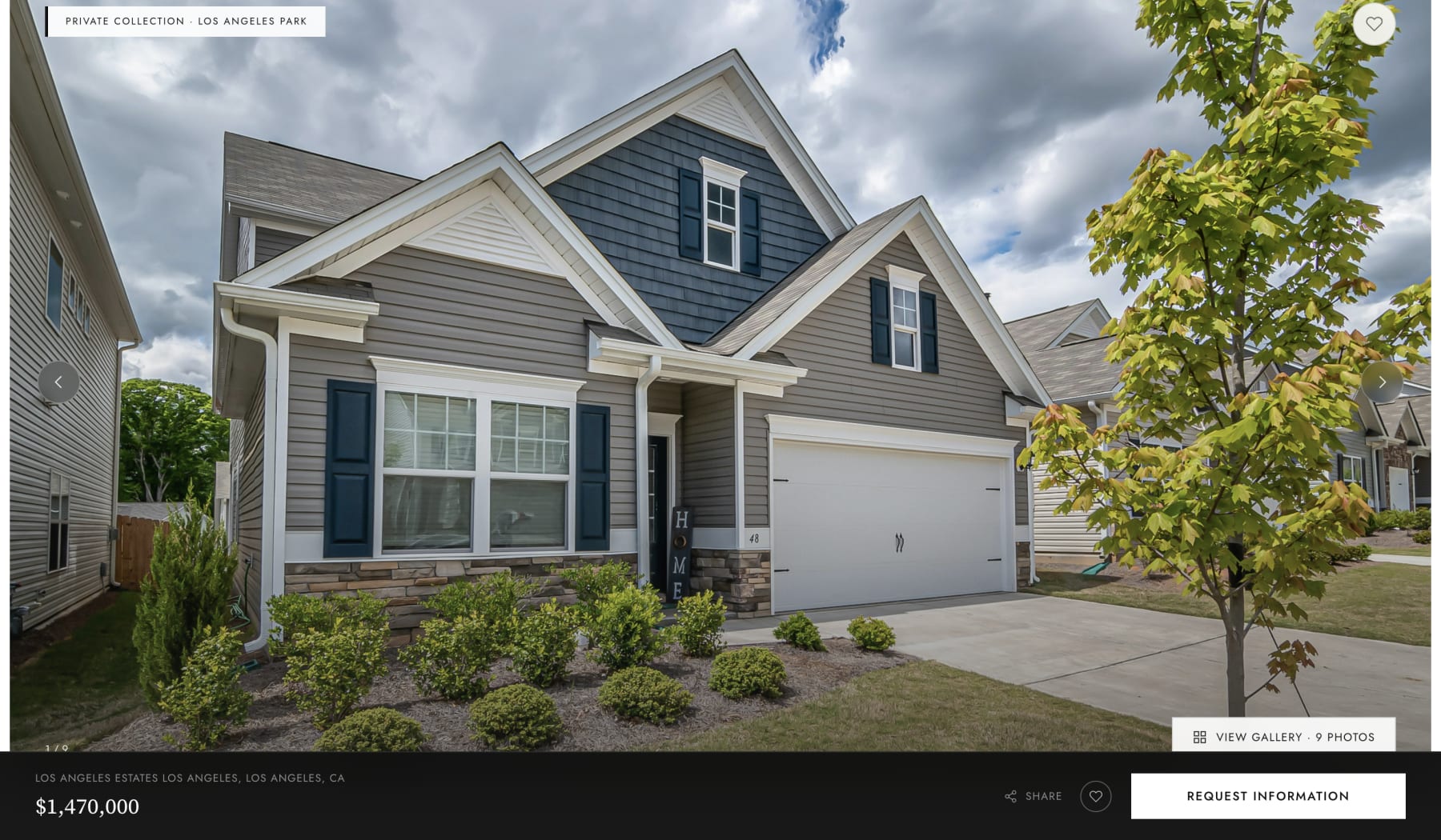 Premium listing detail page. One exterior photo fills the whole screen, with a small uppercase Private Collection label in the corner and a view gallery button over the image. A dark bar pinned along the bottom carries the address, the price and a Request Information button.