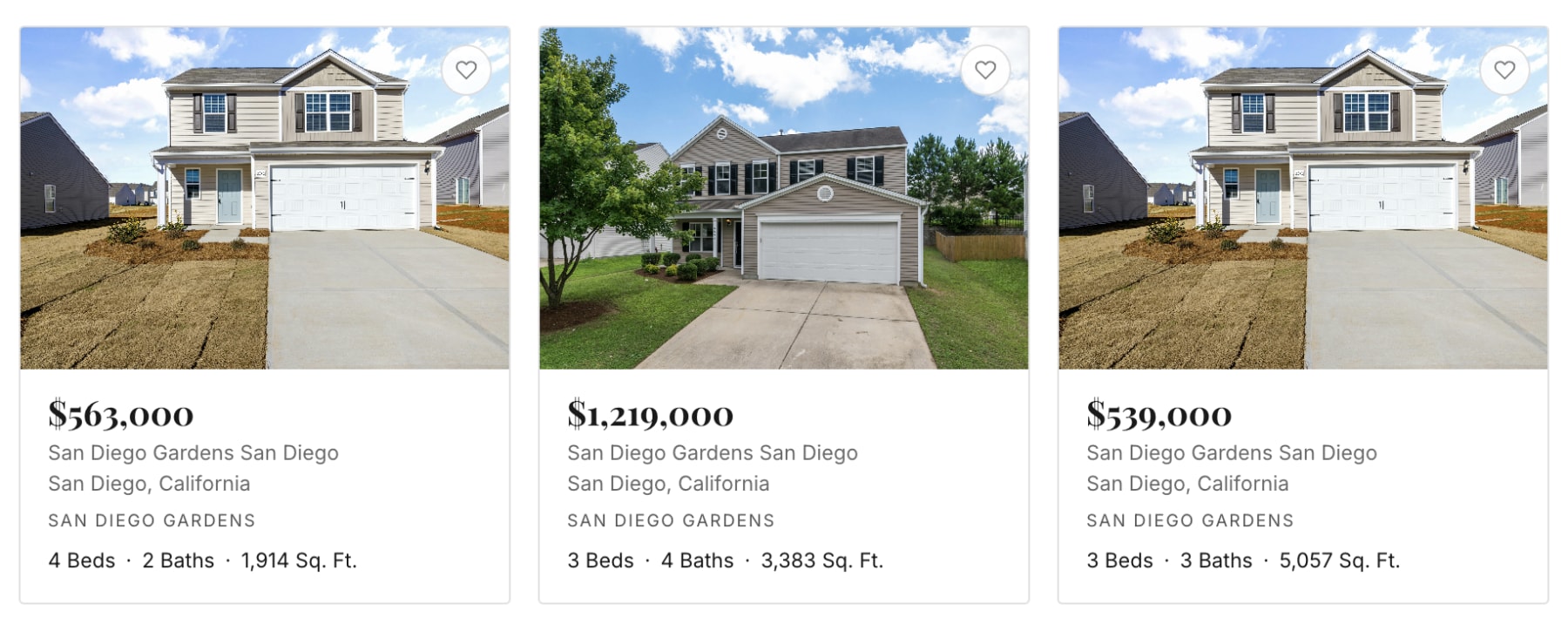 Three Prestige property cards side by side. Each is a bordered white card with a photo and a favourite heart. Below sit the price in a serif, the community and city, the subdivision name in small uppercase, and a line of beds, baths and square feet.