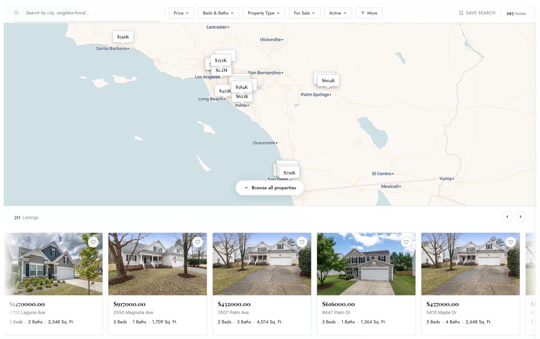 Prestige search map. Pill shaped filters run across the top. Below them a cream toned map spans the full width of the page, carrying white price pins and a Browse all properties button. A horizontal carousel of listing cards scrolls underneath.