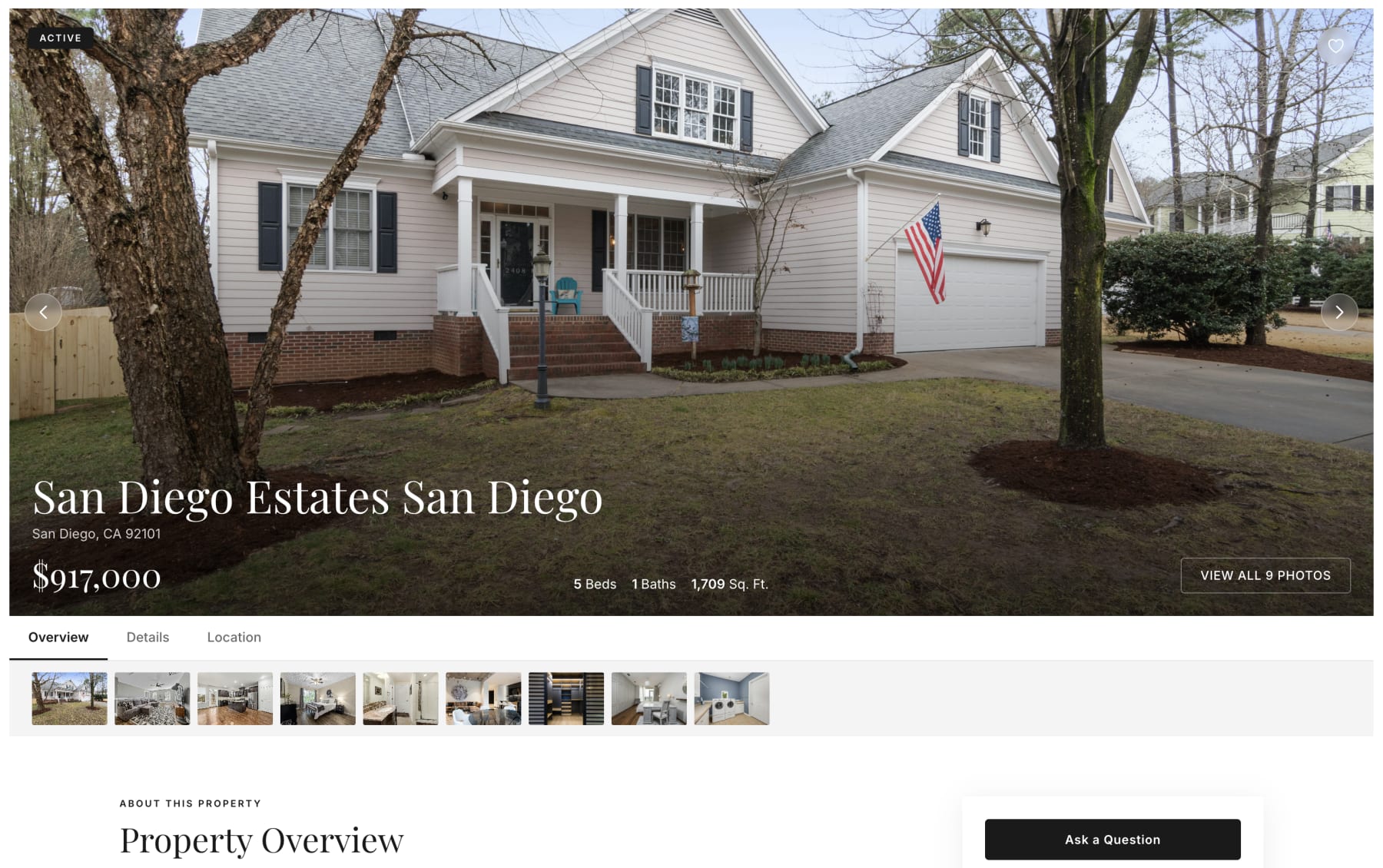 Prestige listing detail page. A large inset hero photo carries an Active chip, and the community name is set in a serif across the bottom of the image with the city and the price. Below the photo sit Overview, Details and Location tabs, a filmstrip of nine thumbnails, and a serif Property Overview heading.