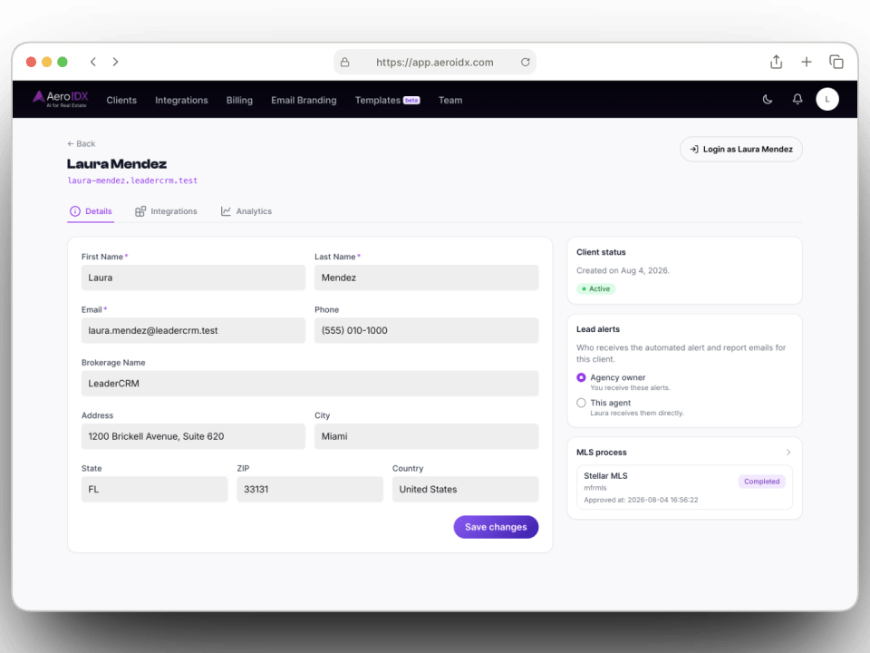 A client record in the AeroIDX agency dashboard, with their contact and brokerage details on the left and client status, lead alert routing and MLS progress on the right