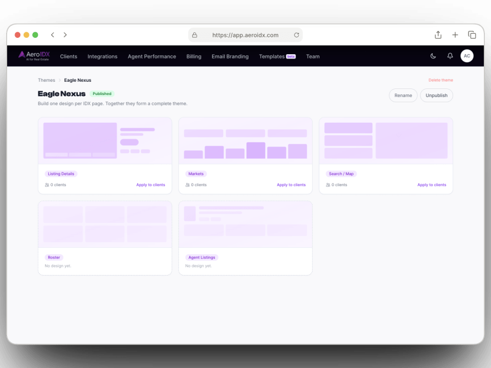 A theme in the AeroIDX agency console, with one design card per IDX page type and the number of clients each one is applied to