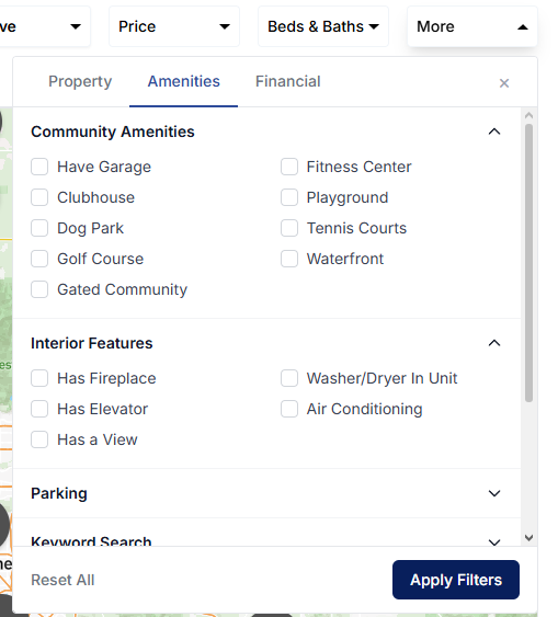 Advanced filters panel in map search showing options for amenities, community interior, parking, max HOA, max annual taxes, year built, square footage, lot size, home features, and time on market
