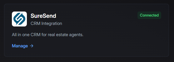 SureSend integration settings page in AeroIDX showing API key configuration and connection status