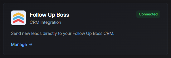 Follow Up Boss integration settings page in AeroIDX showing API key configuration and connection status