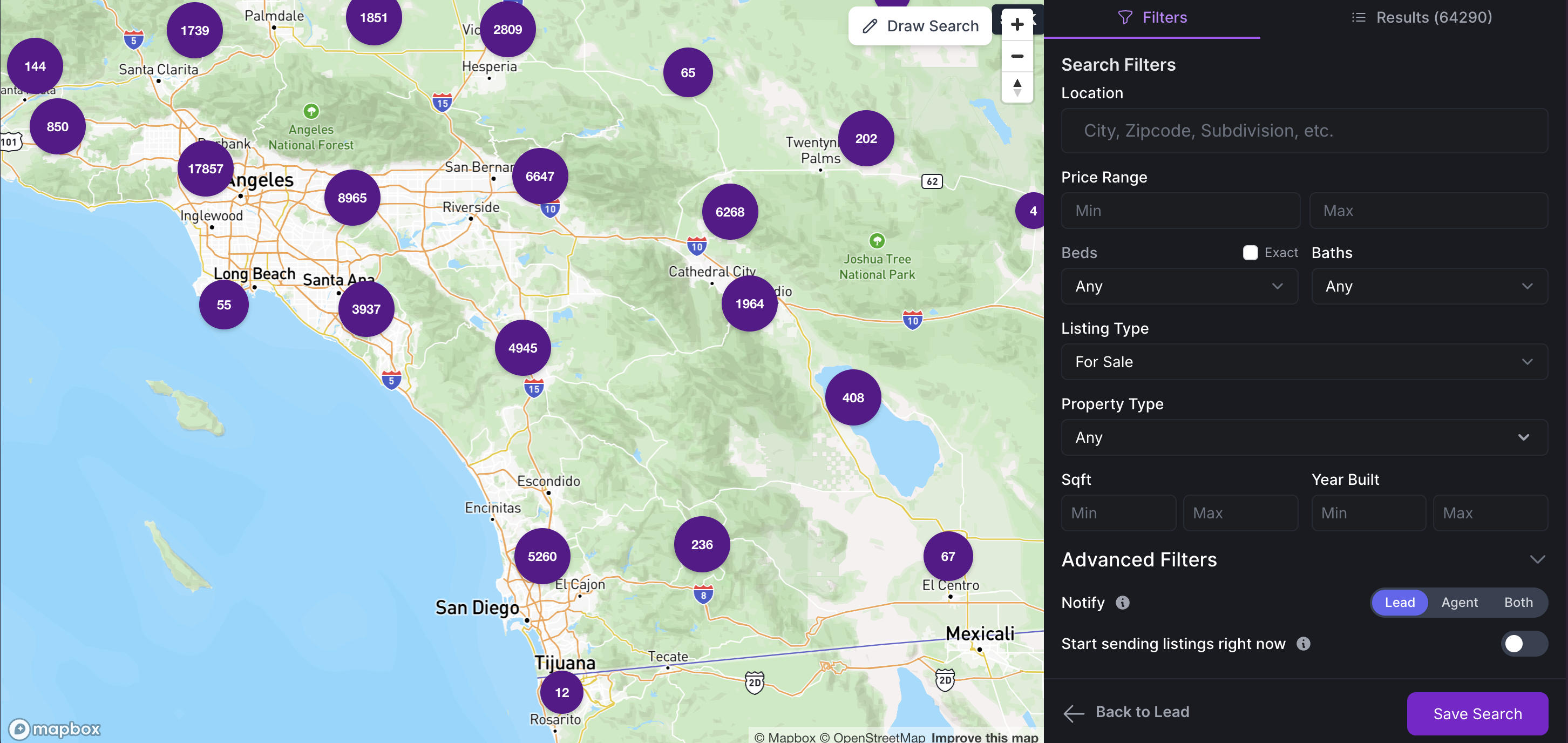 Saved Search builder showing the Notify control with Lead, Agent, and Both options