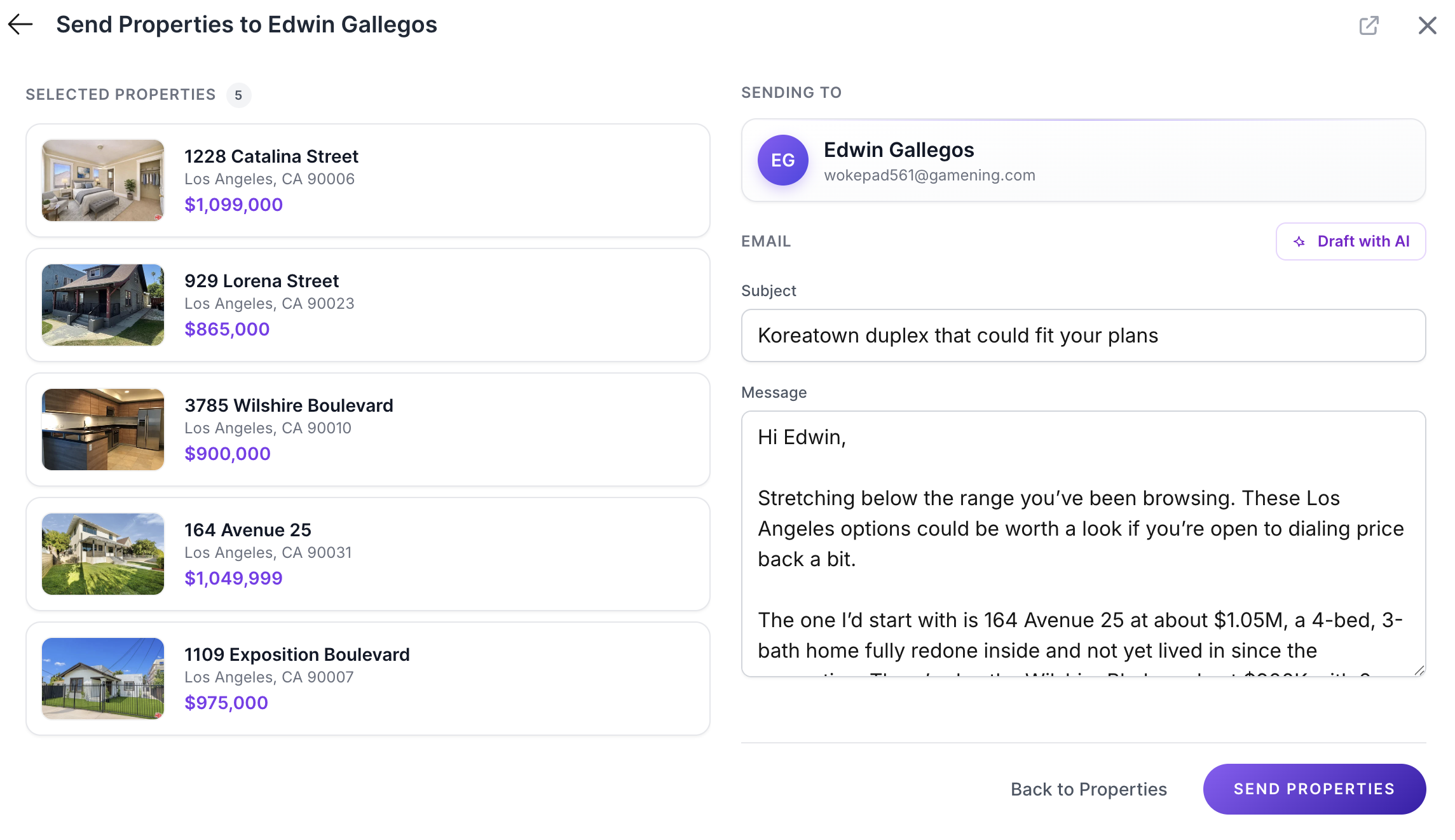 Send Properties to Lead modal showing the Draft with AI button and a generated subject line and message tailored to the selected listings