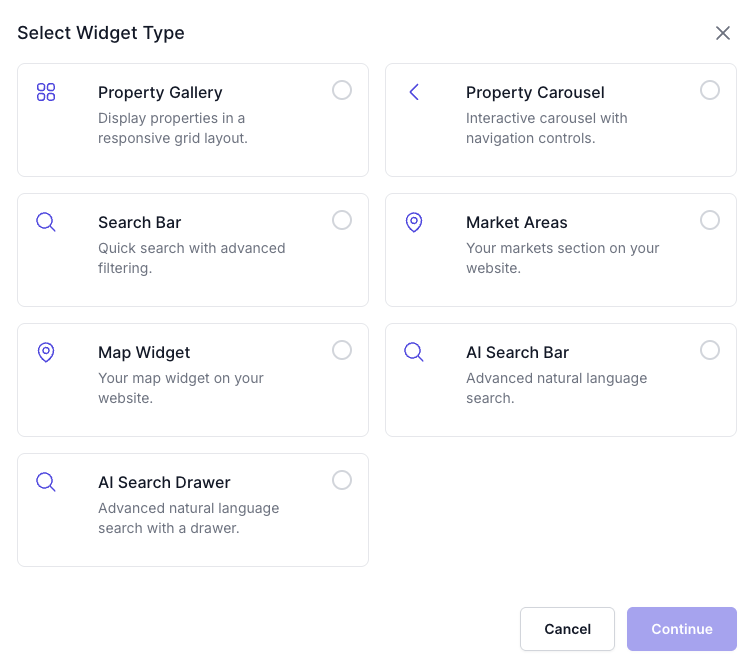 AI Search Bar and Drawer translating a natural language query into property results, with a provider selector showing GPT and Claude options