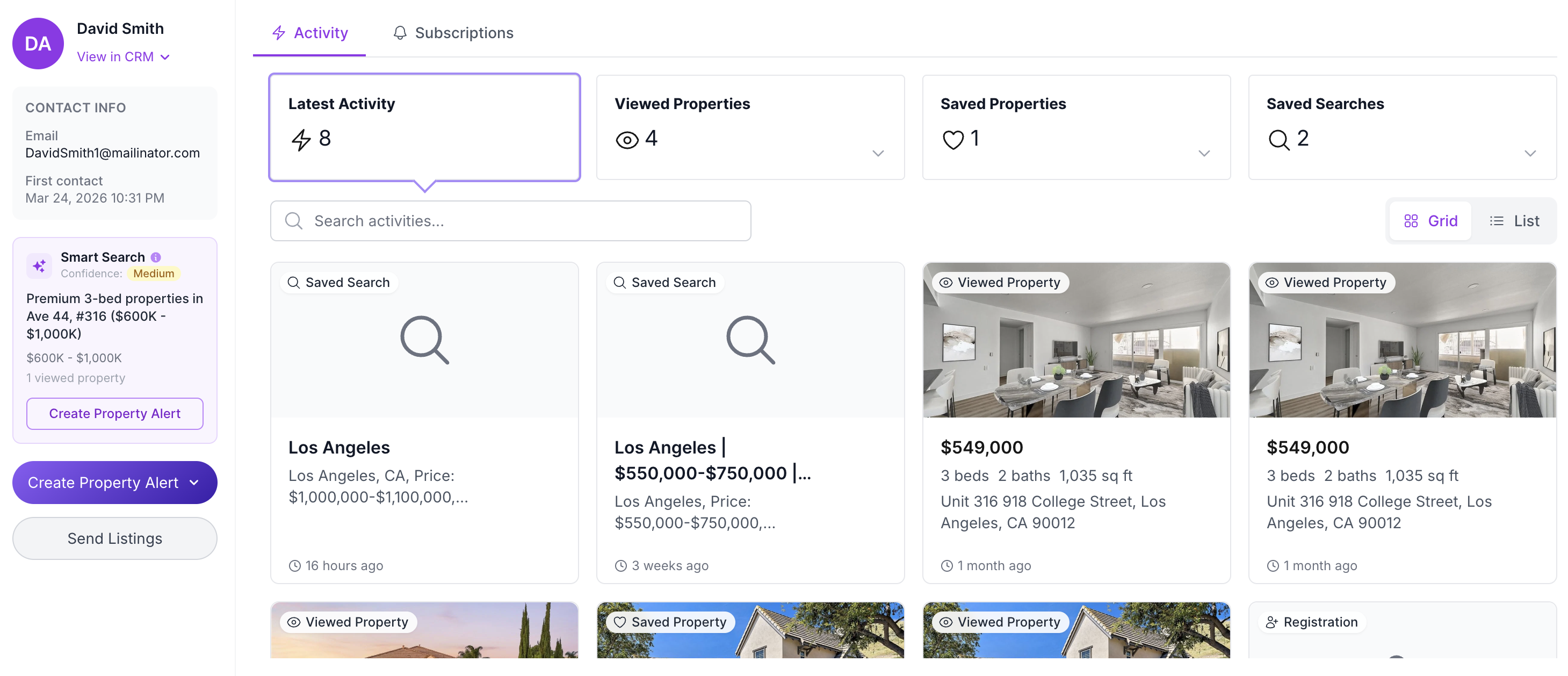 Smart Search section inside the Lead Details modal with an AI-generated Property Alert suggestion based on the lead's browsing activity