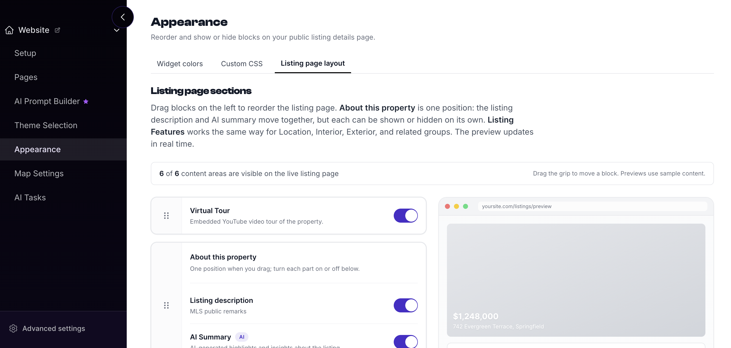 Appearance settings on the Listing page layout tab showing draggable blocks (Virtual Tour, About this property with Listing description and AI Summary) and a live preview of the public listing details page