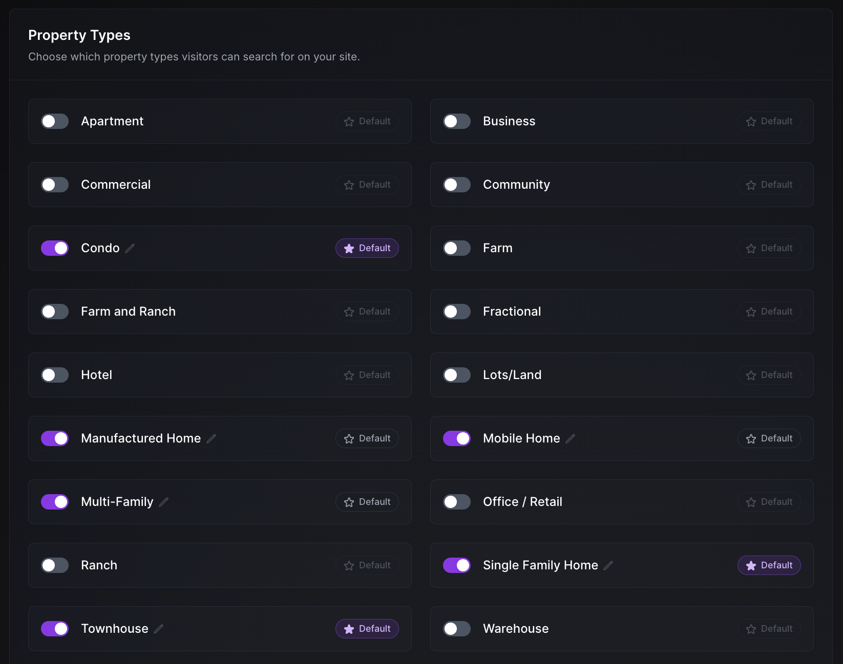 Property Types settings panel with toggles for each type and a star button to mark defaults — Condo, Single Family Home, and Townhouse are flagged as defaults for the search page