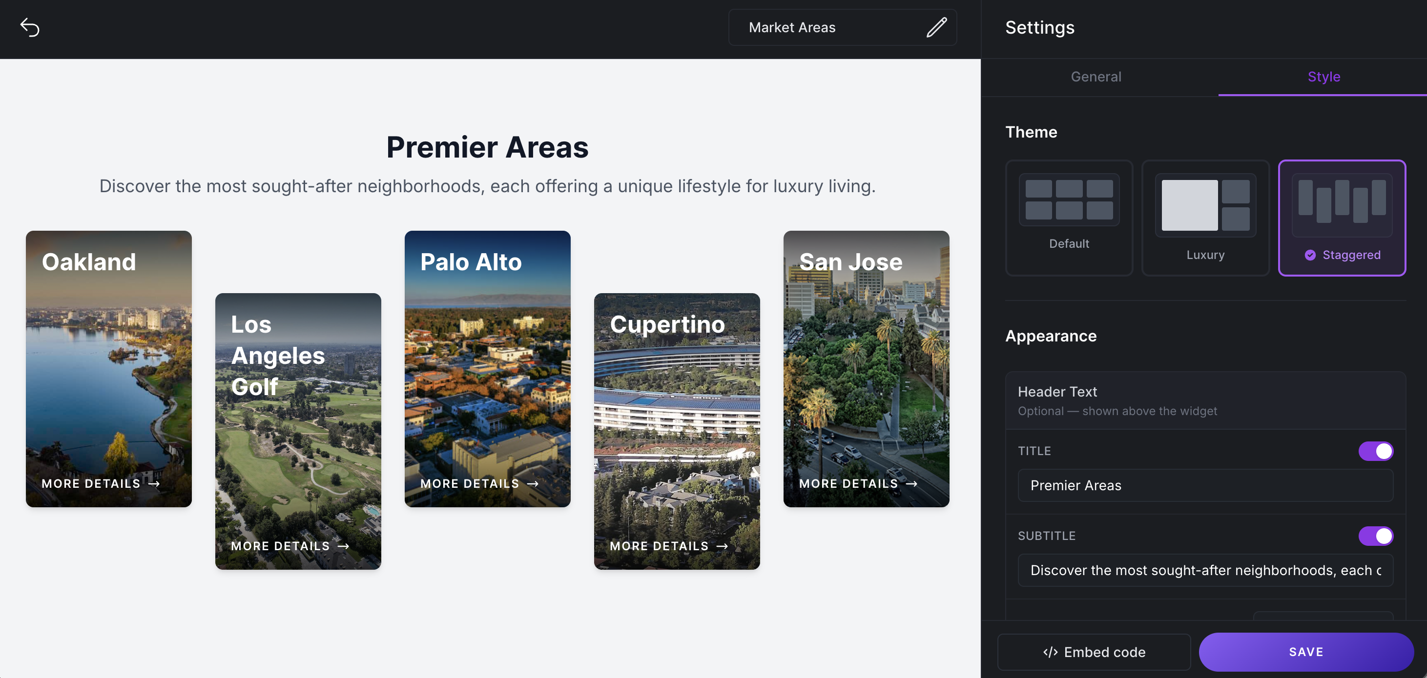 Market Areas widget editor with the Style tab open and the new Staggered theme selected, showing a preview of Premier Areas with cards (Oakland, Los Angeles Golf, Palo Alto, Cupertino, San Jose) arranged in an alternating up-and-down layout with full-bleed photos