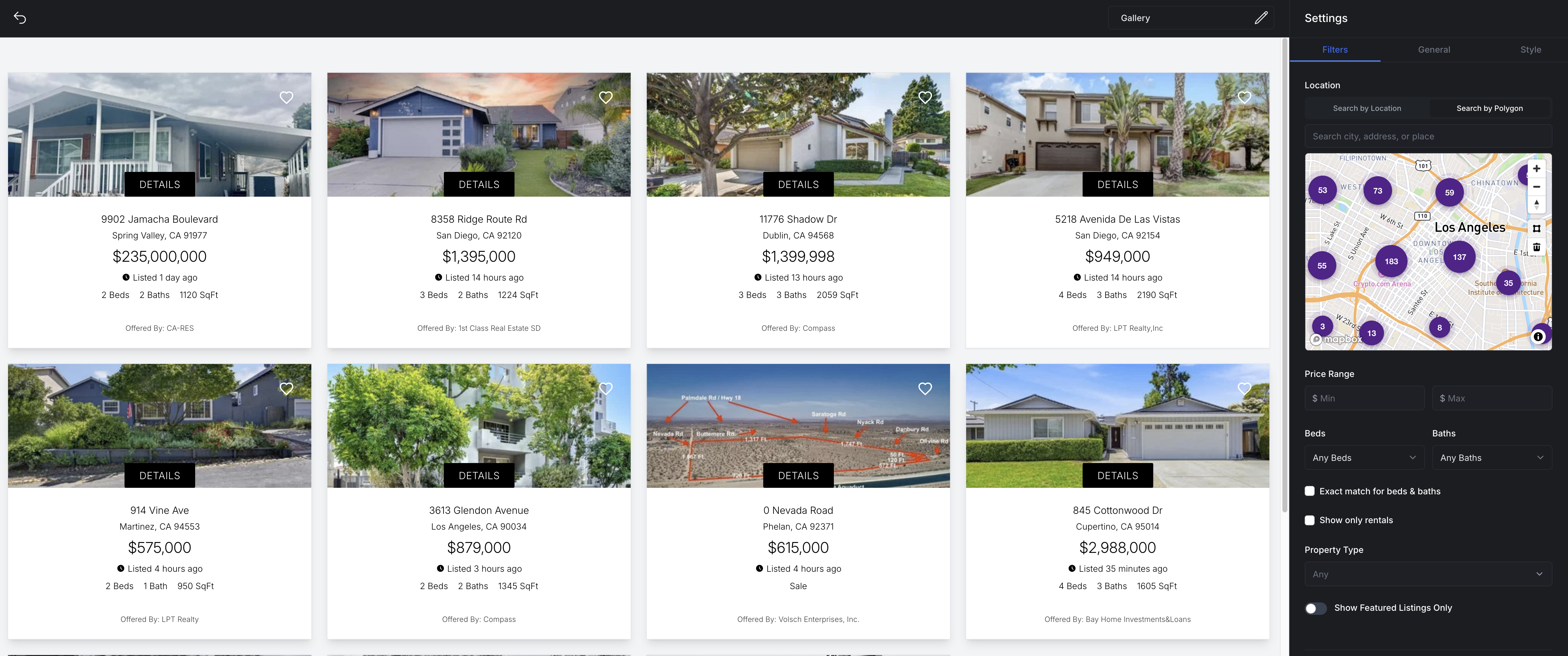 Gallery widget settings panel open to the Filters tab, with the Location section set to Search by Polygon and a map of Los Angeles showing clustered listing counts