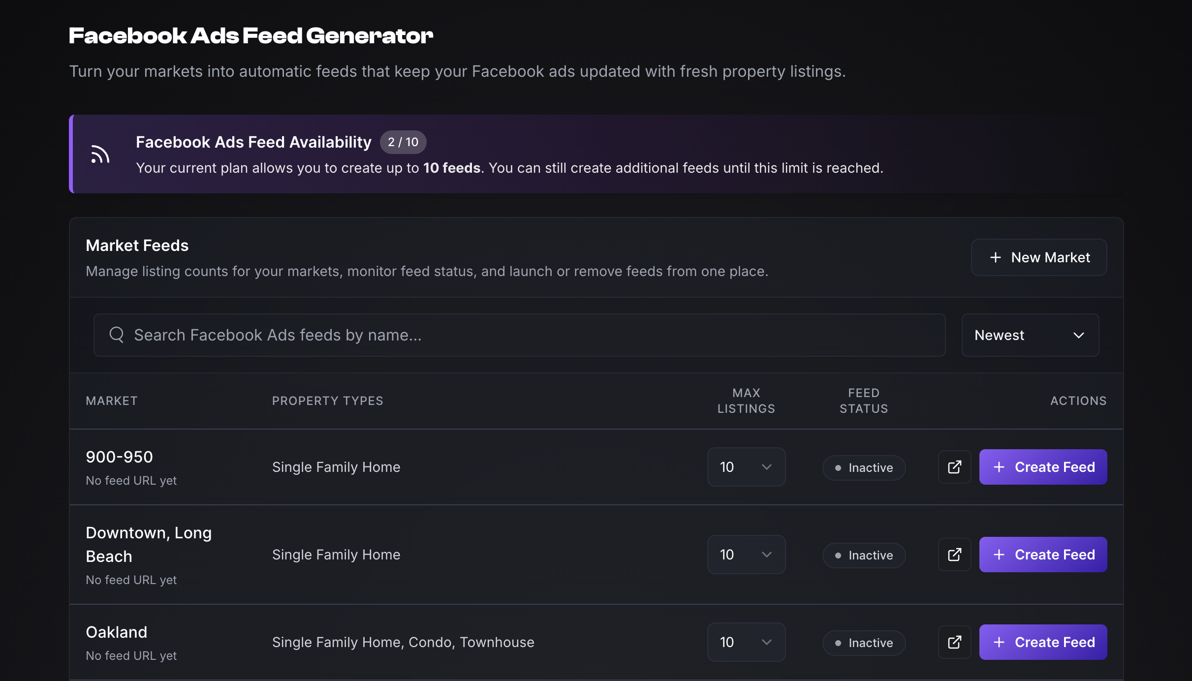Facebook Ads Feed Generator page showing a search bar, sort dropdown, and a paginated list of market feeds with their property types, max listings, and feed status