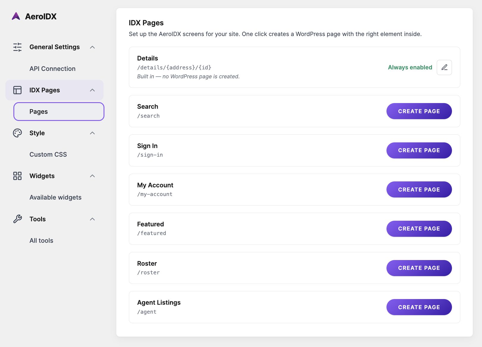 AeroIDX WordPress IDX plugin — IDX Pages screen where one click creates real estate WordPress pages for Search, My Account, and Featured listings