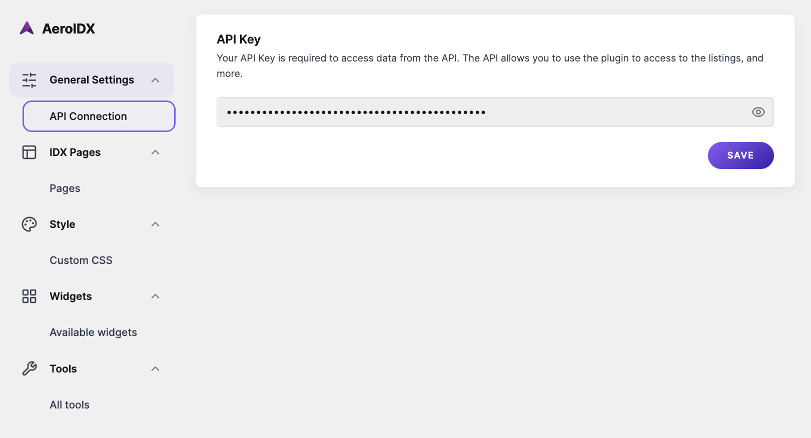 AeroIDX WordPress IDX plugin — WordPress Manager settings panel showing the API key connection for MLS listings
