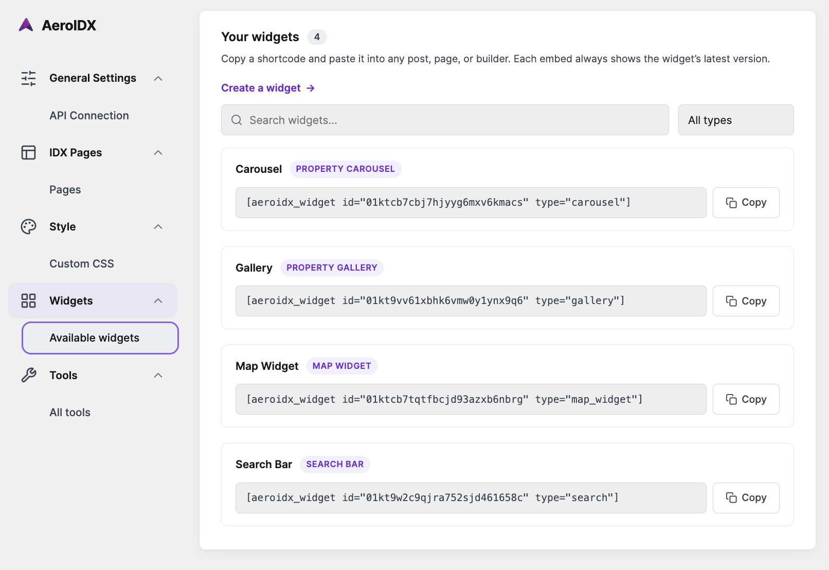 AeroIDX WordPress IDX plugin — Available Widgets screen showing shortcodes for Gallery, Carousel, Map, and Search Bar MLS widgets