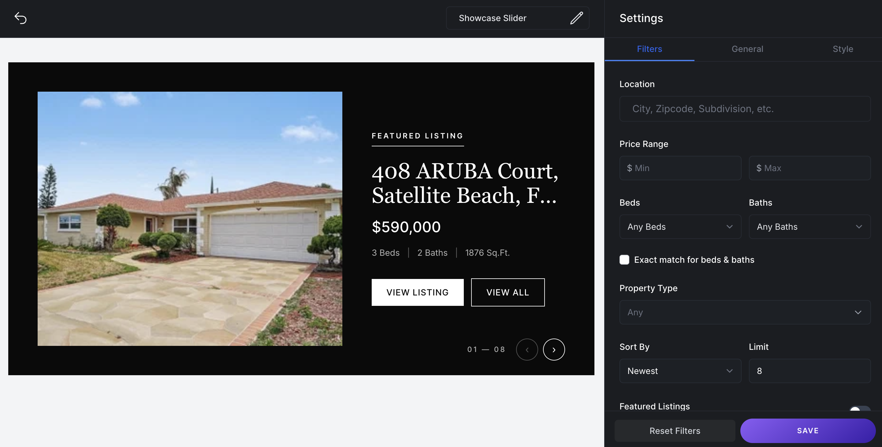 AeroIDX Showcase Slider widget builder showing a featured listing with a large property photo on the left and the address, price, beds, baths, and square footage on the right, with View Listing and View All buttons
