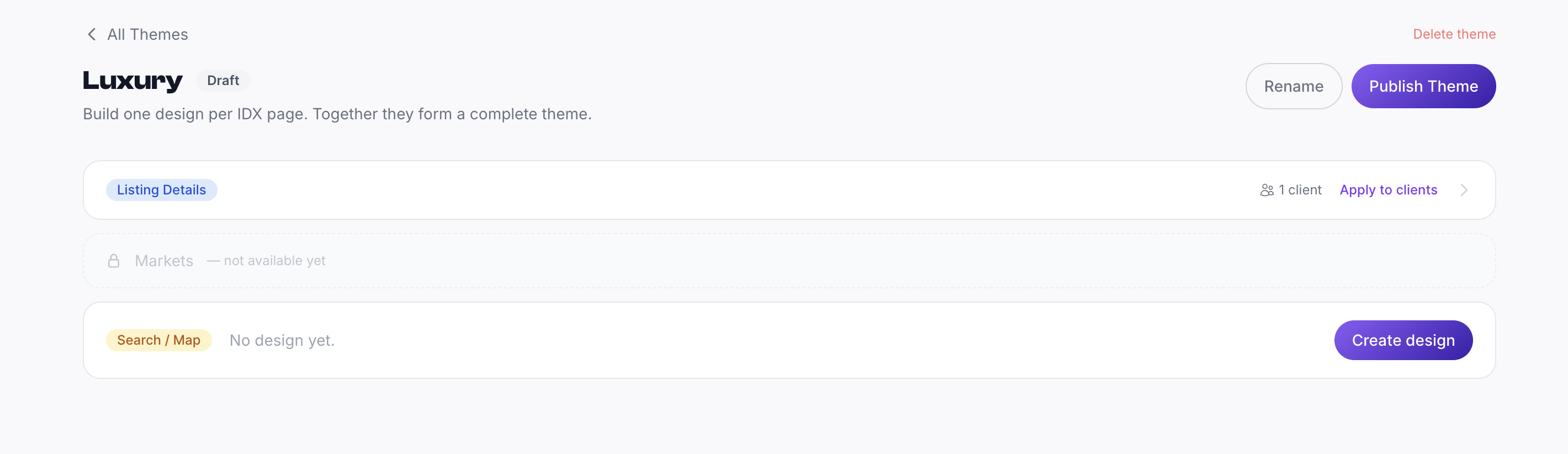 AeroIDX Agency dashboard showing the 'Luxury' theme in Draft, with rows for the Listing Details page (applied to 1 client), Markets (not available yet), and Search / Map (no design yet), plus Rename and Publish Theme buttons