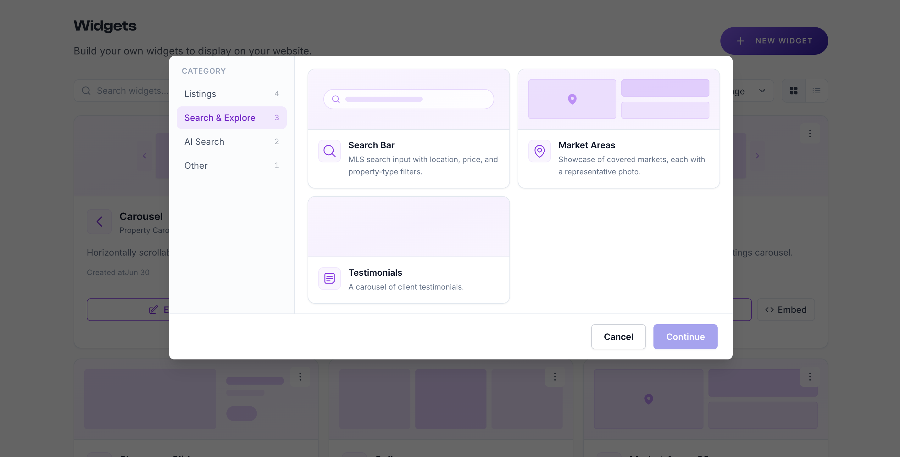 The Testimonials widget builder, with a client-quote carousel preview on the left and the content editor showing quote, author, and location fields on the right