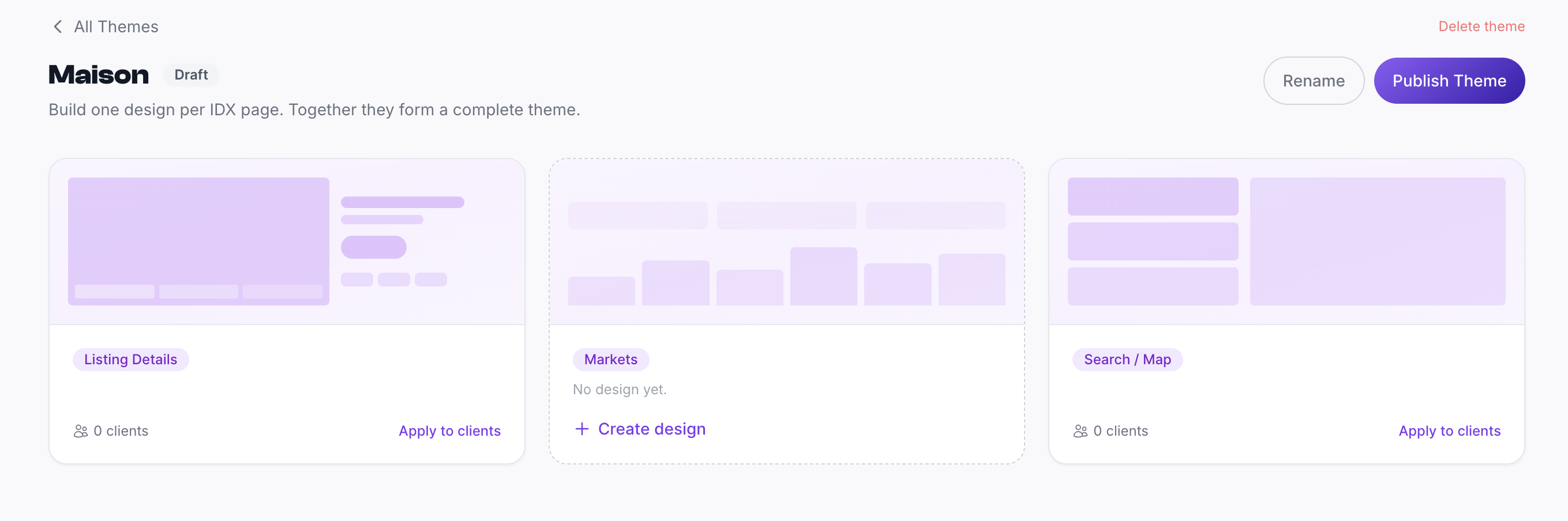 The AeroIDX theme builder showing the 'Maison' theme in Draft, with a card for each IDX page laid out in a grid: Listing Details, Markets, and Search / Map. The Markets card now offers a 'Create design' option, making it a customizable page alongside the others