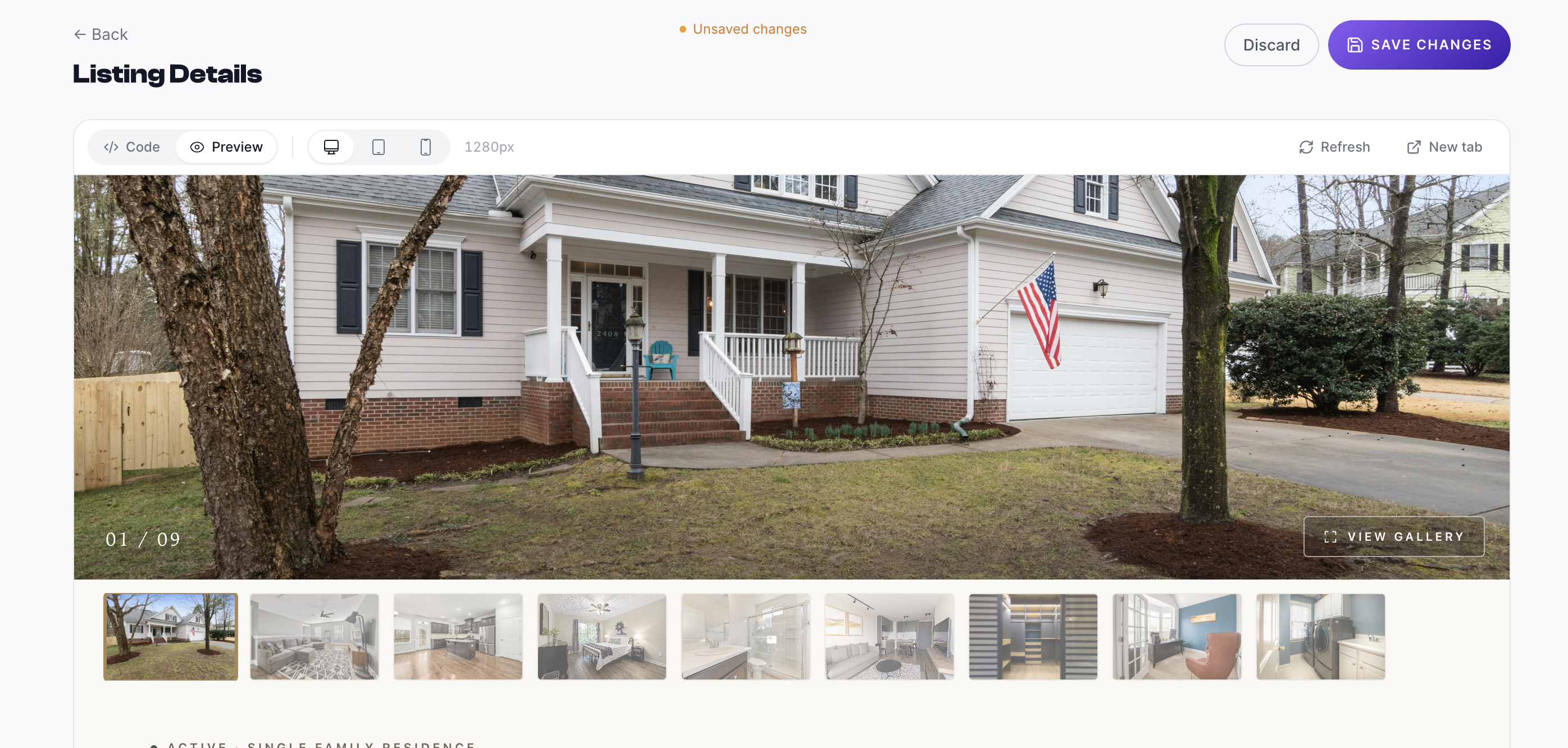 The AeroIDX template editor in preview mode showing a Listing Details page rendered live. The toolbar has Code and Preview toggles plus desktop, tablet, and mobile view options at 1280px, and the preview below shows a property photo with a gallery thumbnail strip