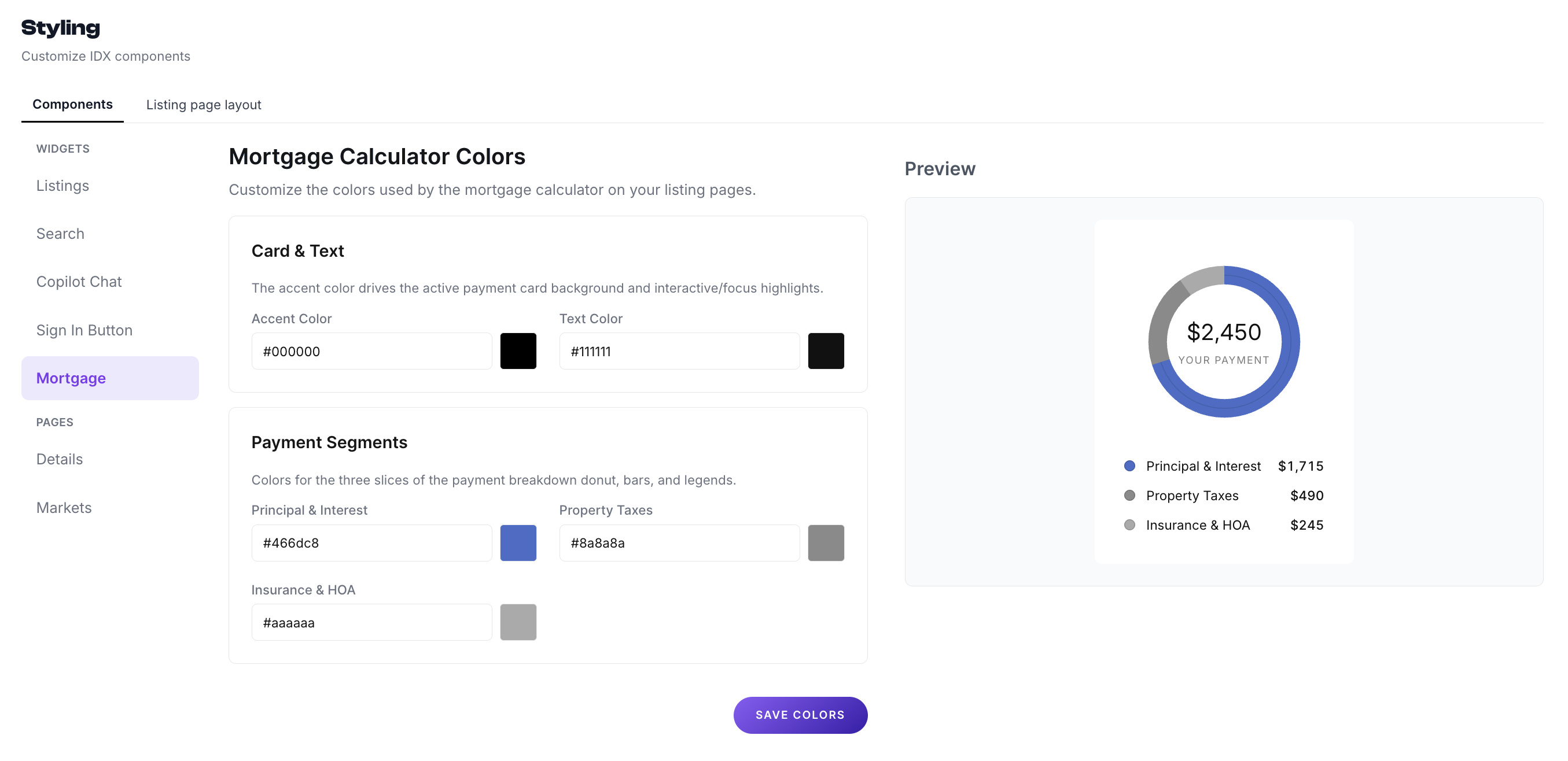 The AeroIDX Styling page on the Mortgage tab showing Mortgage Calculator Colors: hex inputs for accent and text colors, three payment segment colors for Principal & Interest, Property Taxes, and Insurance & HOA, and a live preview of the payment donut chart showing a $2,450 monthly payment breakdown