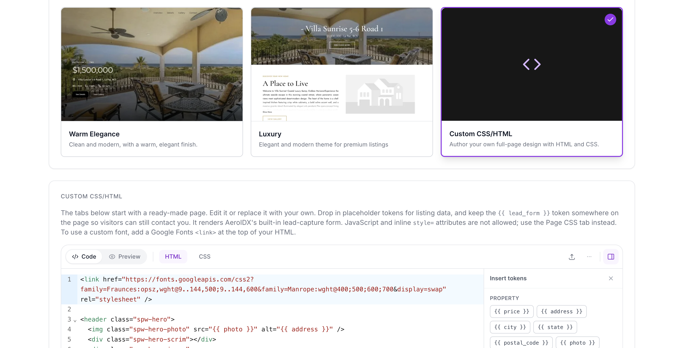 PLACEHOLDER: Prestige listing detail page with a full-bleed photo and serif headings